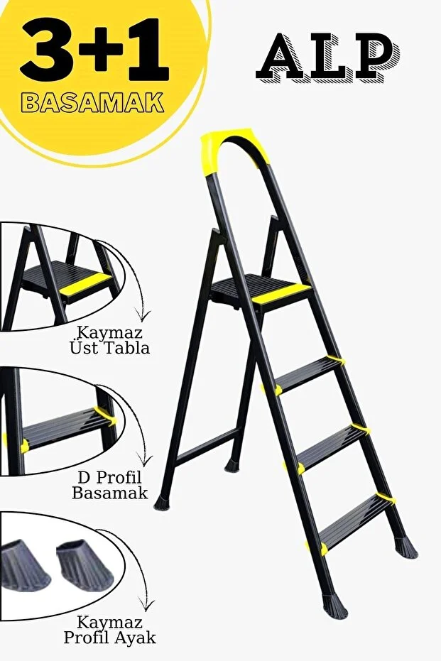 Alp Siyah 3+1 Metal Basamaklı Katlanabilir Merdiven